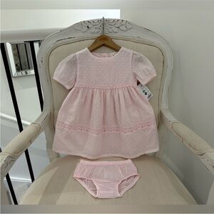 🩰 Baby 12Mth Swiss Dot Cotton dress with Smocking, lace & Matching Panty NWT